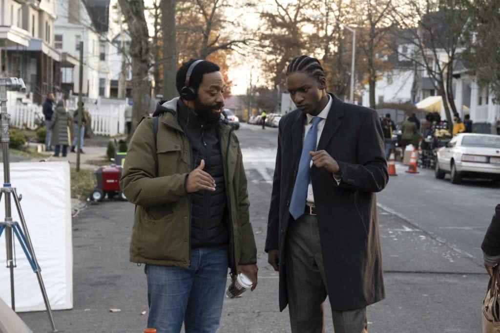 This image released by Sundance Institute shows actor-director Chiwetel Ejiofor, left, on the set of “Rob Peace”, an official selection of the Premieres Program at the 2024 Sundance Film Festival. (Gwen Capistran/Sundance Institute via AP)