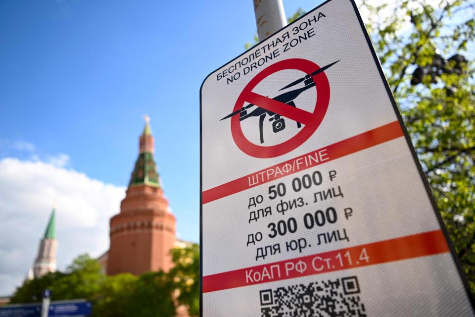 A "No Drone Zone" sign sits just off the Kremlin in Moscow on Tuesday.