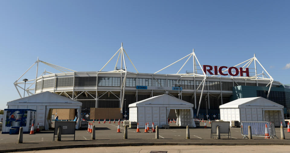 COVENTRY, ENGLAND - APRIL 20:  A general view of the coronavirus testing centre for NHS staff and registered care workers at the Ricoh Arena on April 20, 2020 in Coventry, England. The British government has extended the lockdown restrictions first introduced on March 23 that are meant to slow the spread of COVID-19. (Photo by Ross Kinnaird/Getty Images)