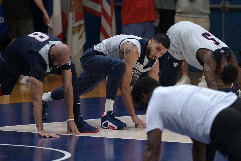 US' Jayson Tatum takes part in a training session for the men's basketball team at Palais des sports Marcel-Cerdan in Paris on July 25, 2024, ahead of the Paris 2024 Olympic Games. (Photo by Arun SANKAR / AFP) (Photo by ARUN SANKAR/AFP via Getty Images)