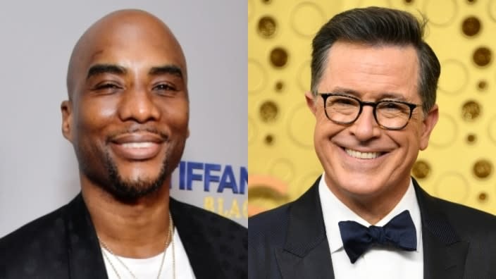 Charlamagne tha God (left) will host a weekly late night TV show on Comedy Central starting Sept. 17, “Tha God’s Honest Truth with Lenard ‘Charlamagne’ McKelvey,” co-created with “Late Show” host Stephen Colbert (right). (Photos by Emma McIntyre/Getty Images for Netflix and Frazer Harrison/Getty Images)