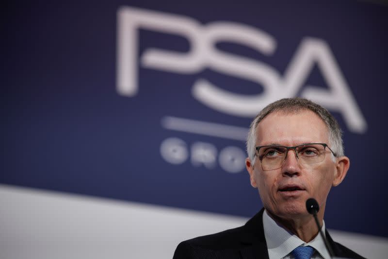 Carlos Tavares, chief executive officer of PSA Group, speaks during the annual results news conference at their headquarters in Rueil-Malmaison, near Paris