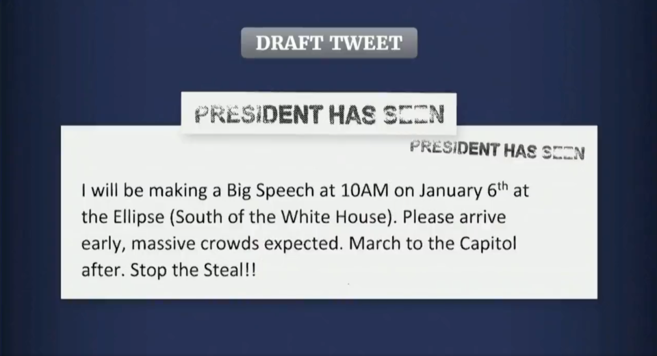 The draft of the tweet obtained by the Jan. 6 committee is marked Draft Tweet and is stamped: President Has Seen.