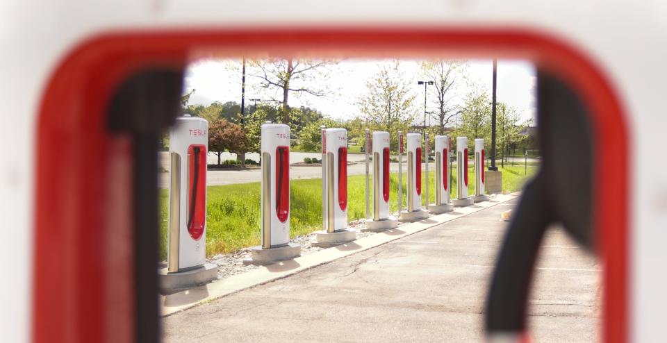 Electric vehicle charging stations at Eastwood Towne Center in Lansing Township, pictured Wednesday, May 5, 2021.