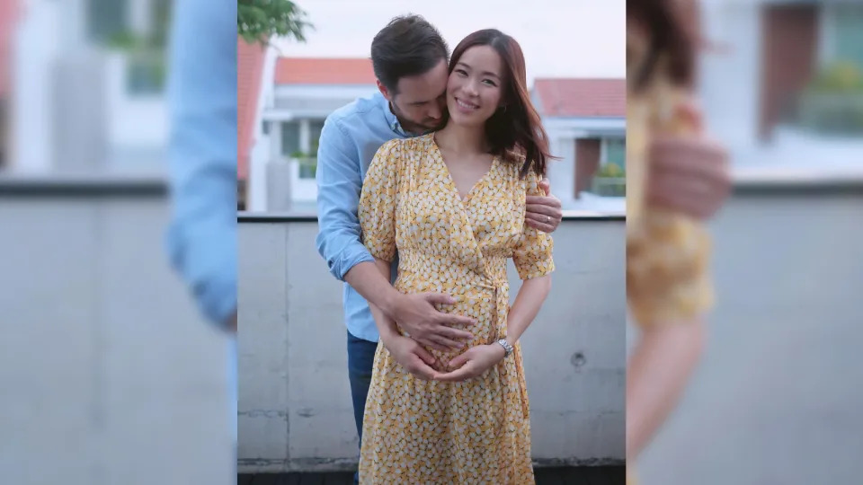 Rebecca Lim and husband Matthew Webster cradling her baby bump. This will be the couple’s first child. (Photo: Instagram/the_celebrityagency)