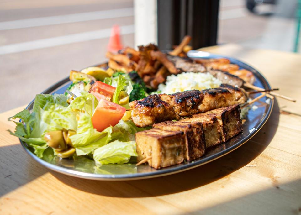 The chicken, shrimp, steak and tofu kabob platter at StickEm on Madison Avenue in Memphis, Tenn., on Saturday, August 22, 2020.