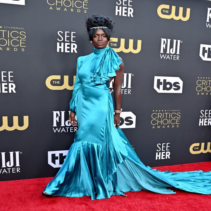 Jodie Turner-Smith in a satin gown on the red carpet