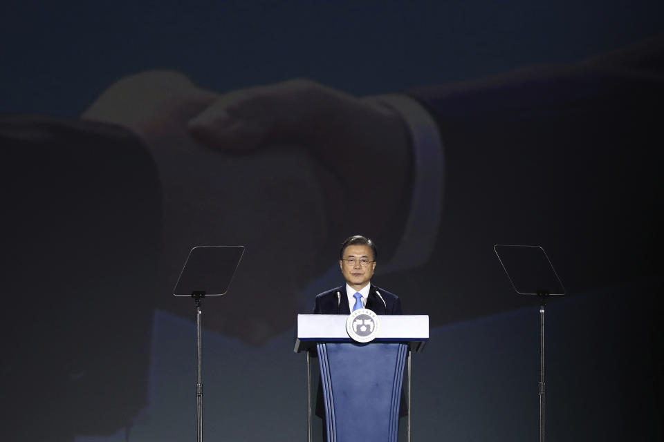 South Korean President Moon Jae-in speaks during the celebration of 75th anniversary of the Liberation Day at Dongdaemun Design Plaza in Seoul Saturday, Aug. 15, 2020. South Korea marked its 75th National Liberation Day on Saturday, which celebrates its independence from Japanese colonial rule following the end of World War II after Japan surrendered. (Chung Sung-jun/Pool Photo via AP)