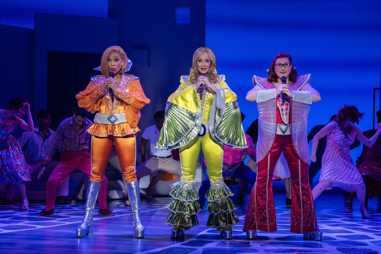 One of the more memorable moments in the final scene of “Mamma Mia!,” starring, from left, Jalynn Steele, Christine Sherrill and Carly Sakolove.