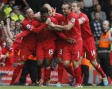 Liverpool's Daniel Sturridge (2nd L) celebrates scoring with teammates during their English Premier League soccer match against Manchester United at Anfield, Liverpool, northern England September 1, 2013. REUTERS/Phil Noble