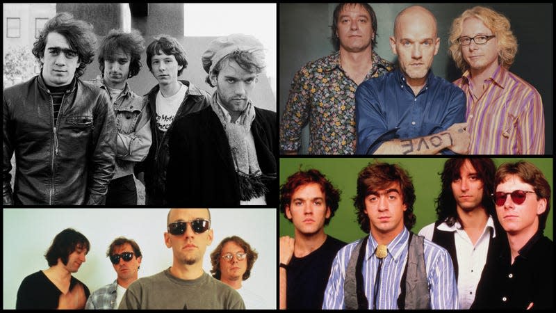 Clockwise from top left: Bill Berry, Peter Buck, Mike Mills and Michael Stipe of R.E.M. circa 1983. (Photo: Paul Natkin/Getty Images); The band circa 2000 (Photo: Tim Roney/Getty Images); circa 1987 (Photo: Chris Carroll/Corbis via Getty Images); circa 1994 (Photo: Chris Carroll/Corbis via Getty Images).