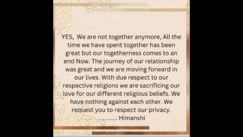 Screenshot of Himanshi Khurana’s now-deleted tweet about her breakup with Asim Riaz (Photo Credit: Himanshi Khurana’s official X)