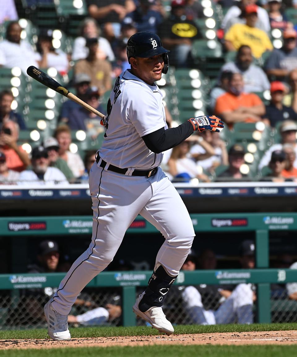 Tigers designated hitter Miguel Cabrera hits career number 2,985 in the first inning on Monday, Sept. 27, 2021, at Comerica Park.