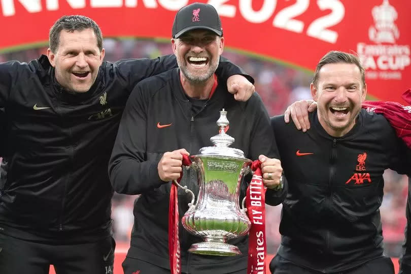 John Achterberg (left) along with Jurgen Klopp and Pep Lijnders after Liverpool's FA Cup final win over Chelsea in 2022