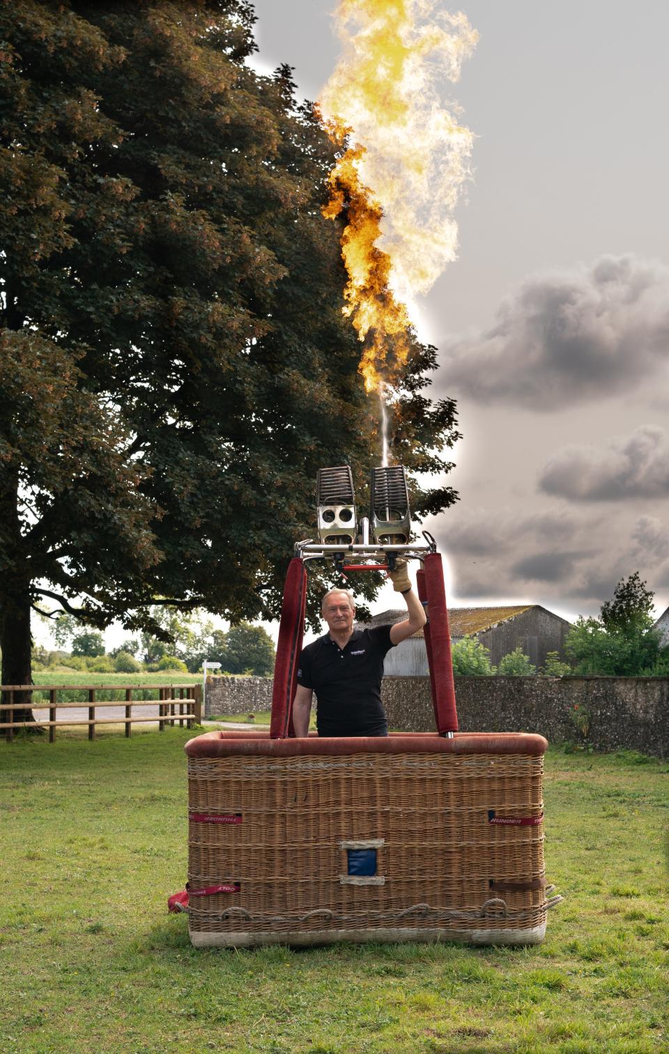 British adventurer Sir David Hempleman-Adams is pictured ahead of his balloon flight from Presque Isle, Maine across the Atlantic to Europe, launching sometime in September.