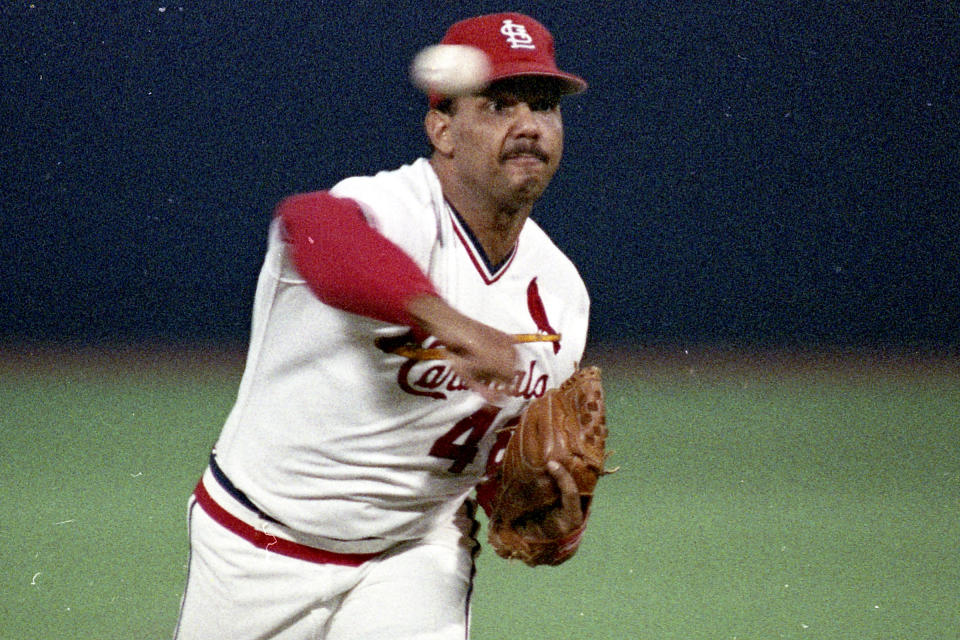 FILE - St. Louis Cardinals starting pitcher José DeLeón throws during the sixth inning of a baseball game against the Montreal Expos, Sept. 6, 1988, in St. Louis, Mo. DeLeón, a major league pitcher for 13 seasons who led the National League in strikeouts for the St. Louis Cardinals in 1989, he died Sunday evening, Feb. 25, 2024, at a hospital in Santo Domingo, Dominican Republic. He was 63. (AP Photo/Loen Algee, File)