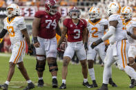 Alabama wide receiver Jermaine Burton (3) celebrates his first down catch during the second half of an NCAA college football game against Tennessee, Saturday, Oct. 21, 2023, in Tuscaloosa, Ala. Also pictured is Alabama offensive lineman Kadyn Proctor (74). (AP Photo/Vasha Hunt)