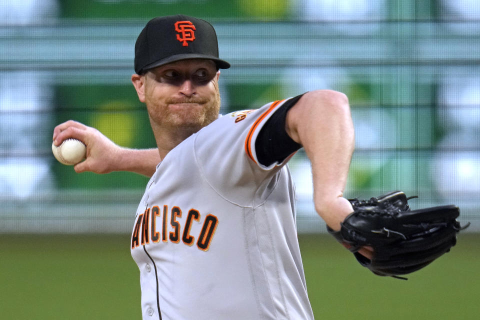 San Francisco Giants starting pitcher Alex Cobb delivers during the second inning of the team's baseball game against the Pittsburgh Pirates in Pittsburgh, Saturday, July 15, 2023. (AP Photo/Gene J. Puskar)