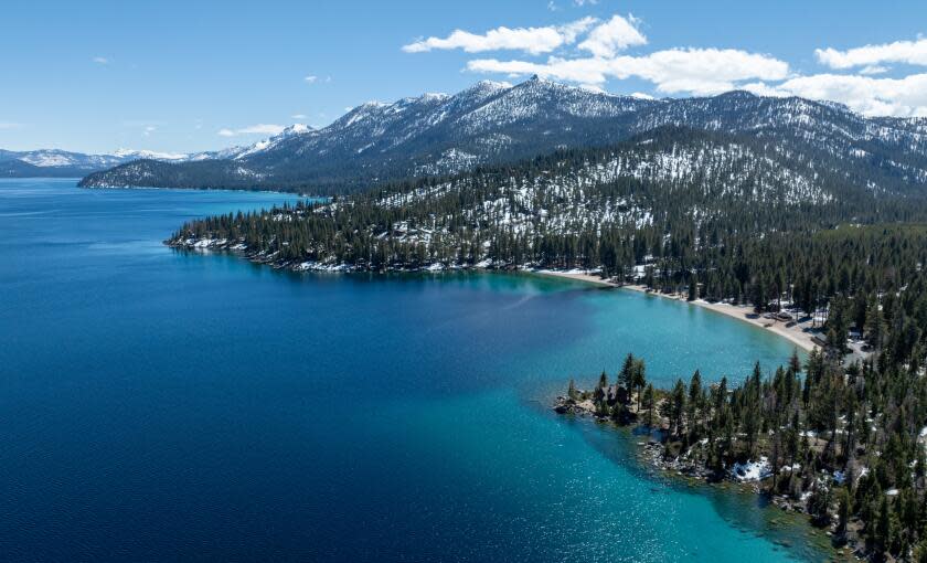 South Lake Tahoe, CA - April 18: Lake Tahoe will fill for the first time in many years on Thursday, April 18, 2024 in South Lake Tahoe, CA. (Brian van der Brug / Los Angeles Times)