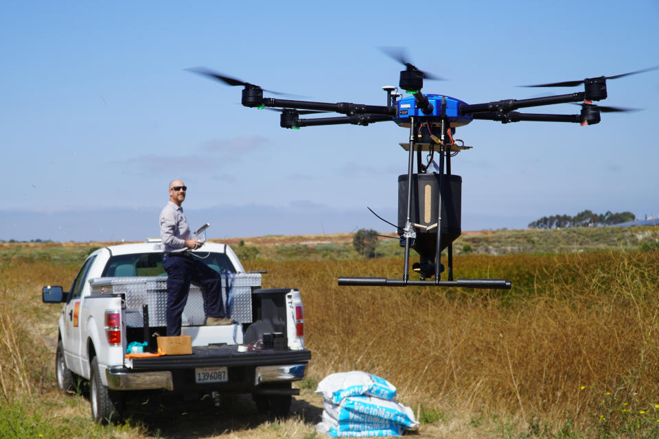 Drone pilot John Savage flies the hexacopter drone loaded with anti-mosquito bacterial spore pellets at the San Joaquin Marsh Reserve at University of California in Irvine, Calif., on June 27, 2023. The drone is the latest technology deployed by the Orange County Mosquito and Vector Control District to attack mosquitoes developing in marshes, wetlands, large ponds and parks. (AP Photo/Eugene Garcia)