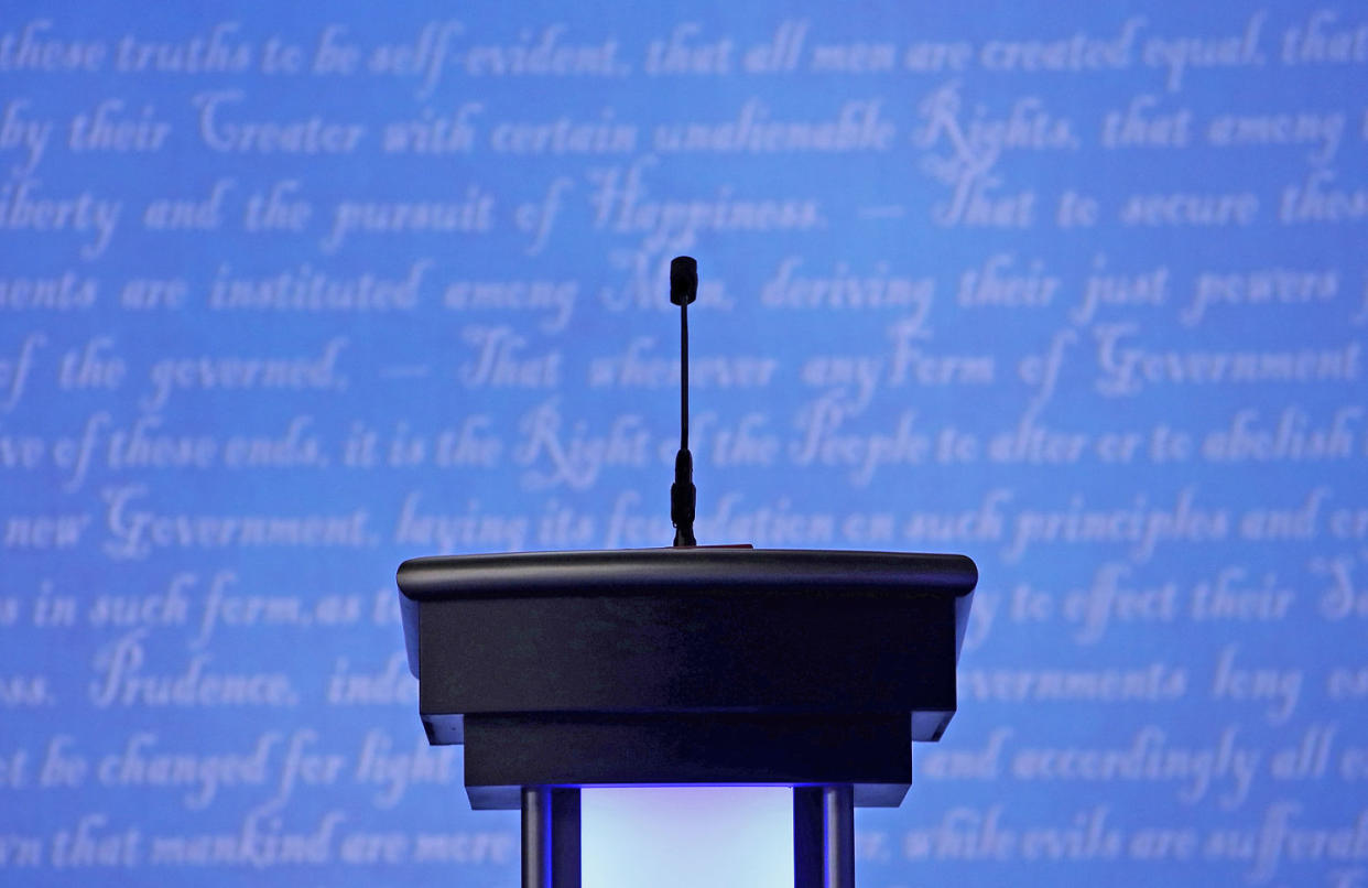 A candidate's podium prior to a debate. (Drew Angerer / Getty Images)