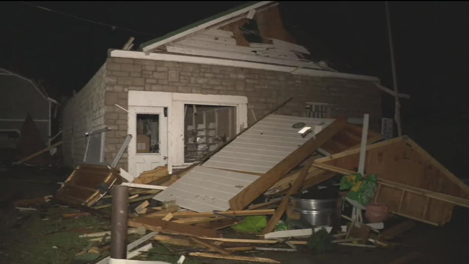 In this image taken from video provided by WSYX, damage from a severe weather system is seen in Lakeview, Ohio, late Thursday, March 14, 2024. (WSYX via AP)