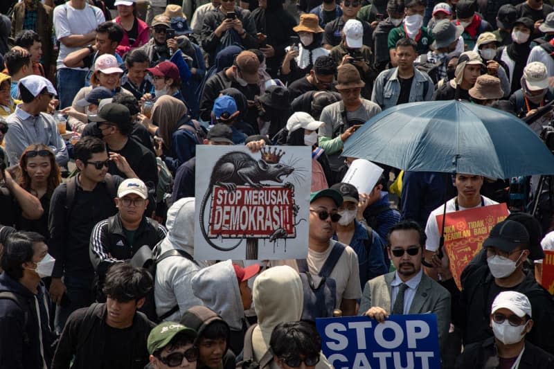 Prople take part in a demostration in front of House of Representative building in Jakarta, against the controversial changes to election laws. Donal Husni/ZUMA Press Wire/dpa