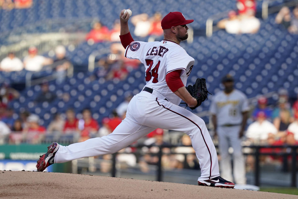 Washington Nationals starting pitcher Jon Lester (34) delivers during the first inning of a baseball game against the Pittsburgh Pirates, Monday, June 14, 2021, in Washington. (AP Photo/Carolyn Kaster)