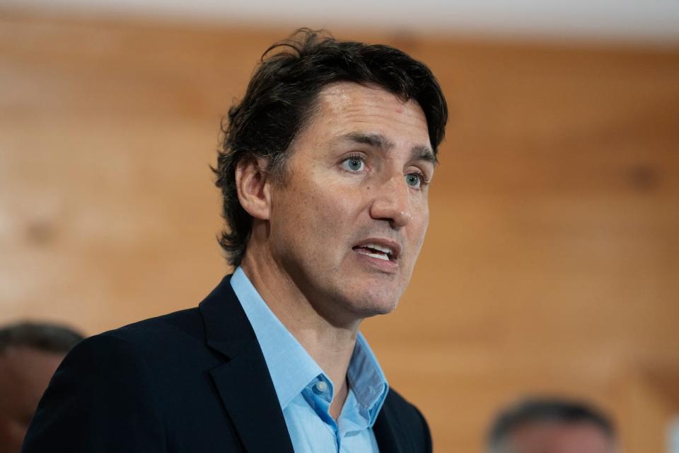 Prime Minister Justin Trudeau speaks to reporters following an announcement at the Island Montessori Academy in Cornwall, P.E.I., Monday, Aug. 21, 2023. 