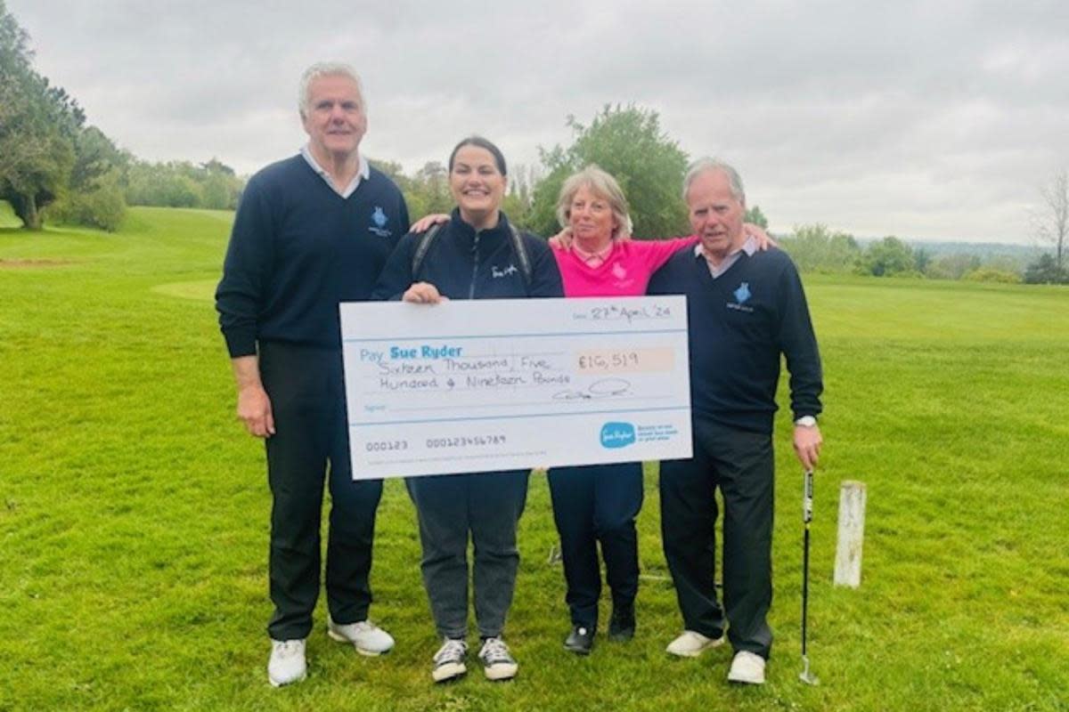 Men’s captain, Geoff Knight, and ladies captain, Jill Thompson, presenting the cheque to Fern Pilutkiewicz, head of hospice fundraising at Sue Ryder <i>(Image: Sue Ryder)</i>