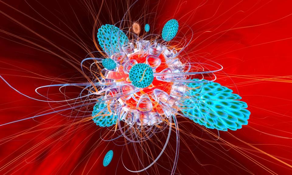 Immune system defence cells attacking a virus.