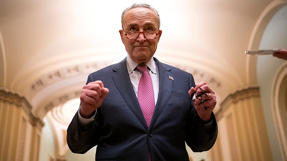 Majority Leader Charles Schumer (D-N.Y.) gives a brief statement on the vote for a short-term continuing resolution to fund the government on Thursday, December 2, 2021.