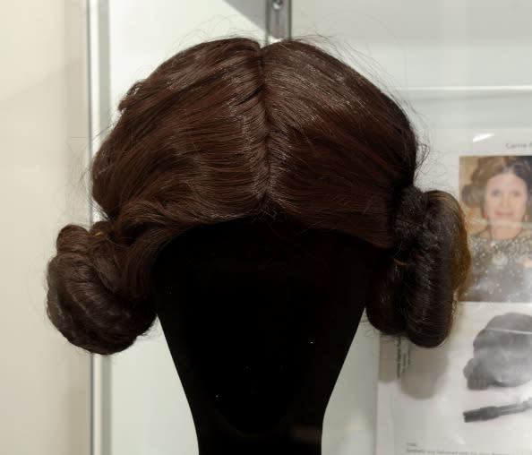Carrie Fisher's worn Princess Leia wig on display at at Julien's Auctions Gallery . (Photo by Mark Sullivan/WireImage)