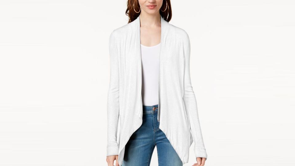 Take white from summer to fall with this flowy, draped cardigan.