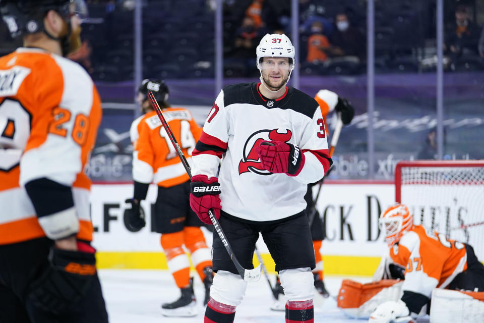 New Jersey Devils' Pavel Zacha reacts after scoring a goal during the first period of an NHL hockey game against the Philadelphia Flyers, Monday, May 10, 2021, in Philadelphia. (AP Photo/Matt Slocum)