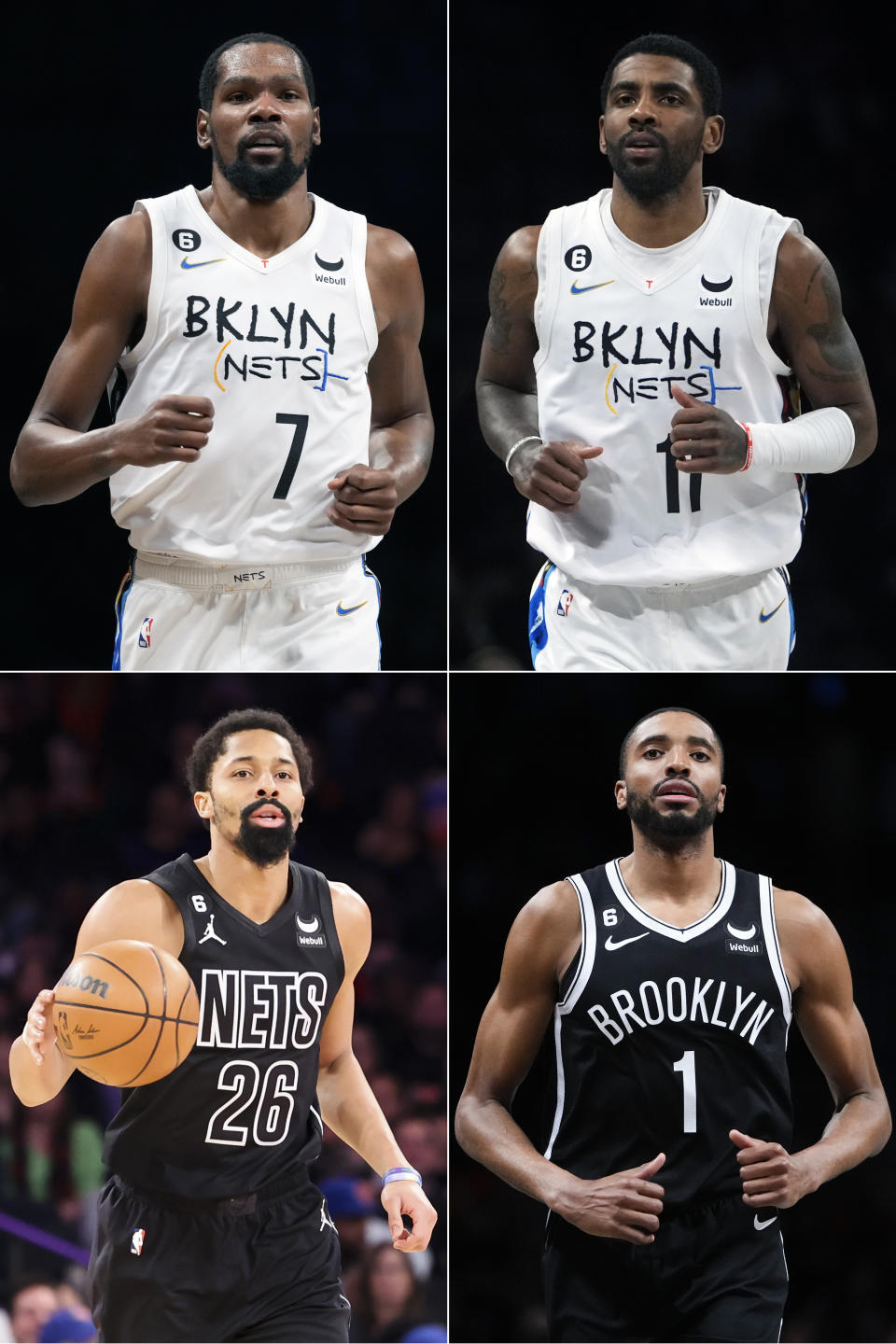 FILE - Then-Brooklyn Nets players Kevin Durant (7) and Kyrie Irving (11), and Brooklyn Nets' Spencer Dinwiddie (26) and Mikal Bridges (1), are shown during NBA basketball games in New York. When the Brooklyn Nets traded Kyrie Irving and then Kevin Durant, the drama that had engulfed the team went with them — along with any realistic title hopes for this season. (AP Photo/File)