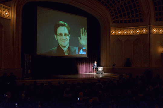 Edward Snowden appearing with Ron Suskind at the University of Colorado on Feb. 16, 2016. (Photo: Patrick Campbell/University of Colorado)