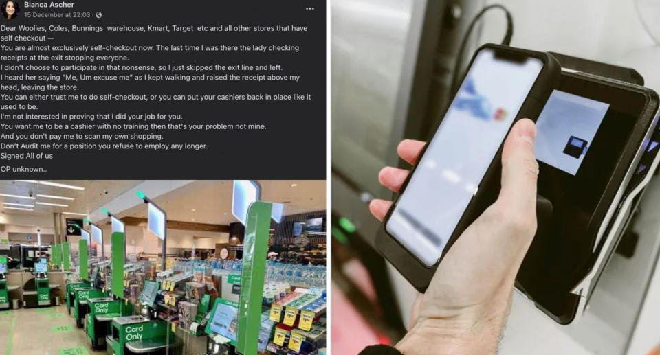 A photo of one of the Facebook posts about self-checkouts. Another photo of a customer using their phone to pay.