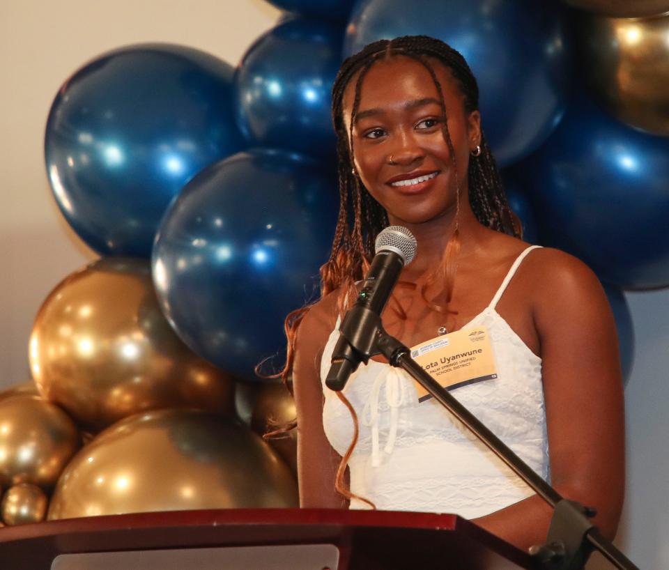 Lota Uyanwune of Cathedral City High School speaks during a Greater Coachella Valley Student of the Year event at The Classic Club in Palm Desert on April 30, 2024.