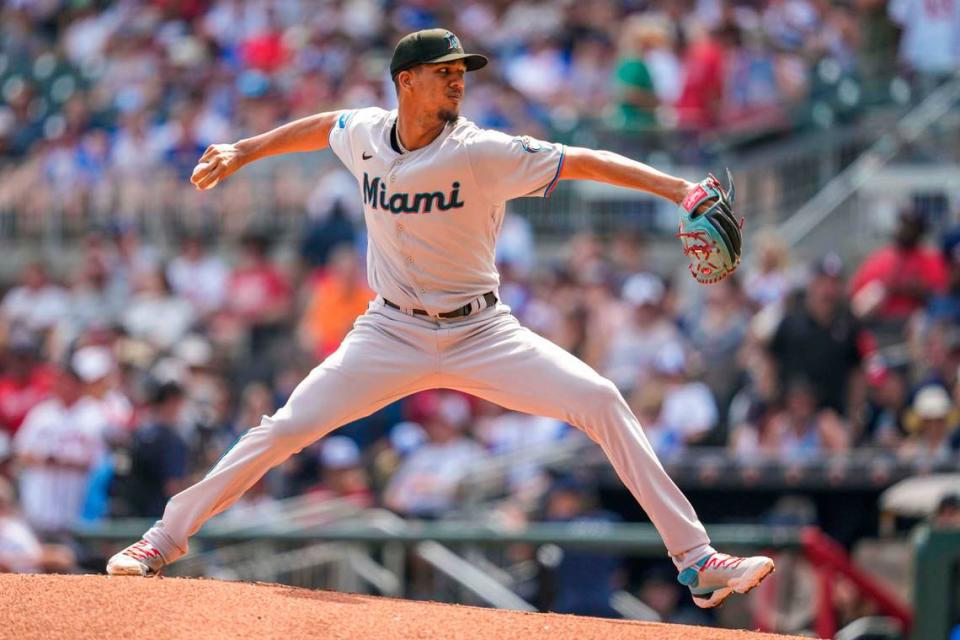 Miami Marlins starting pitcher Eury Perez (39) pitches against the Atlanta Braves during the first inning at Truist Park. Dale Zanine/Dale Zanine-USA TODAY Sports