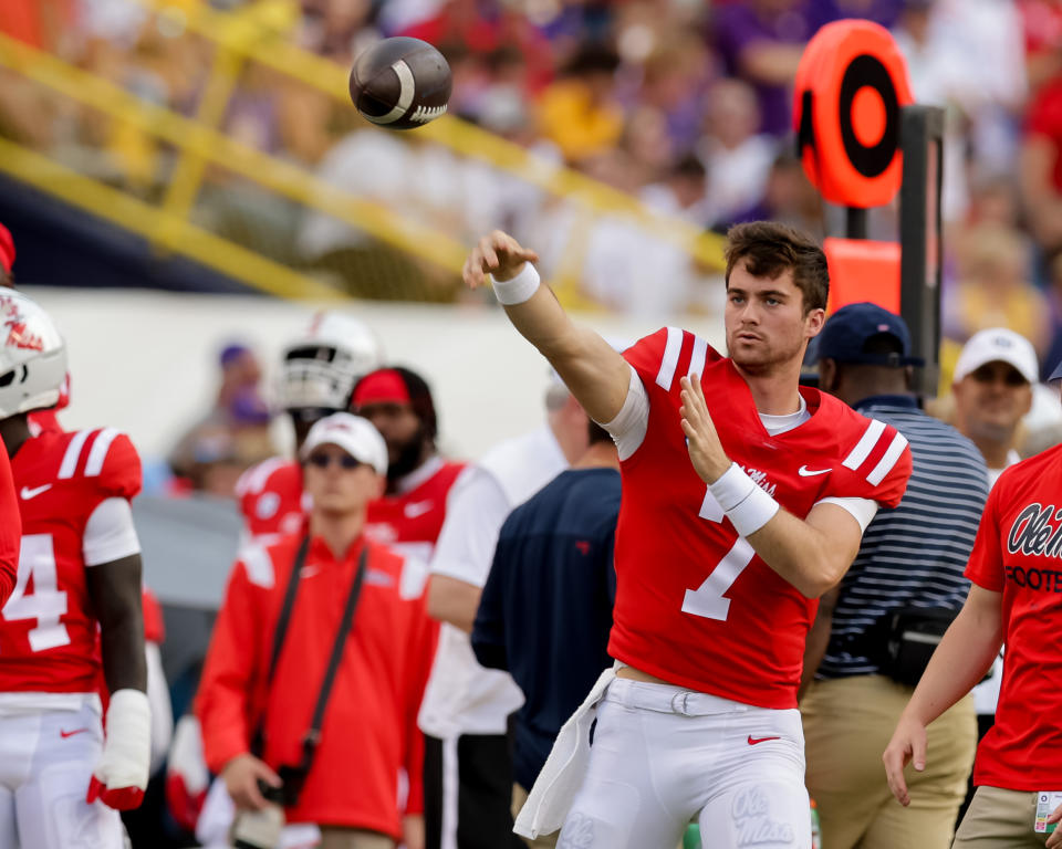 Oct 22, 2022; Baton Rouge, Louisiana, USA; Mississippi Rebels quarterback Luke Altmyer (7) warms up on a time out again the LSU Tigers during the first half at Tiger Stadium. Mandatory Credit: Stephen Lew-USA TODAY Sports