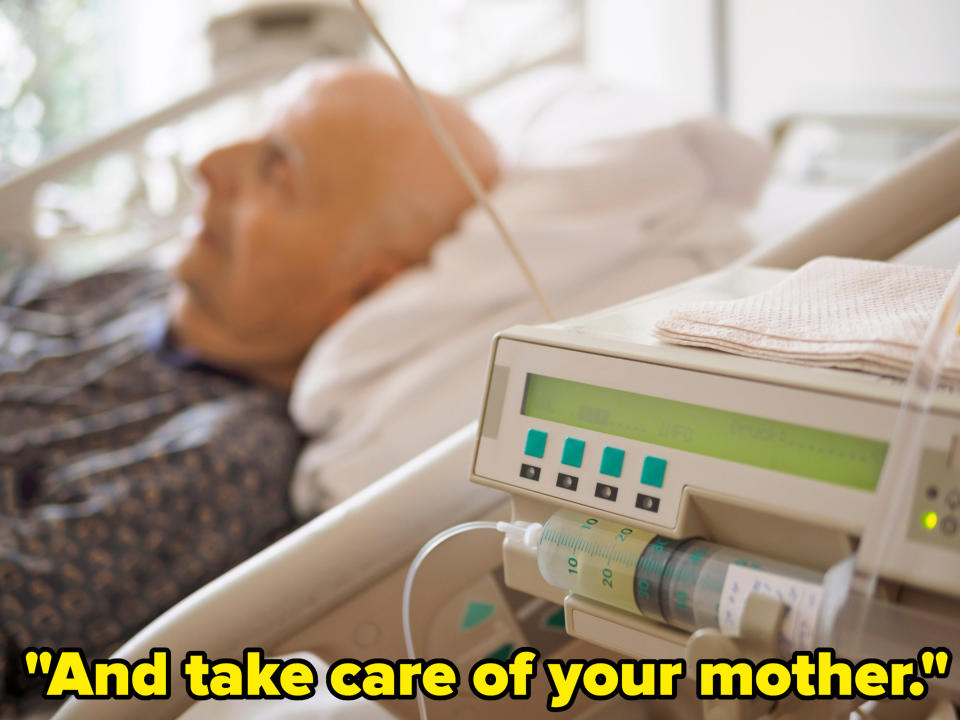 Elderly patient resting in a hospital bed with an IV drip attached, in a bright room