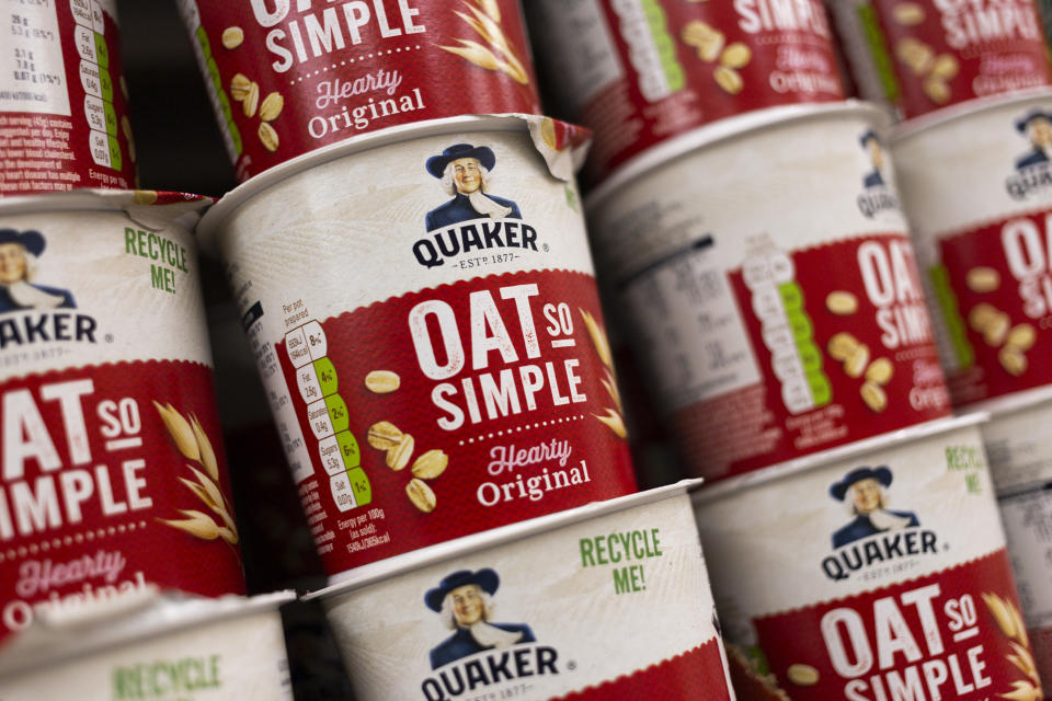 Rows of original Oat So Simple pots by Quaker Oats, convenient recylcable pots of porridge oats, stacked on top of one another on a supermarket shelf on 3rd July, 2022 in Leeds, United Kingdom. (photo by Daniel Harvey Gonzalez/In Pictures via Getty Images)