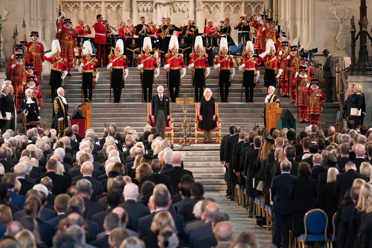 King Charles III and the Queen Consort at Westminster Hall, where both Houses of Parliament met to express their condolences following the death of Queen Elizabeth II (Stefan Rousseau/PA) (PA Wire)