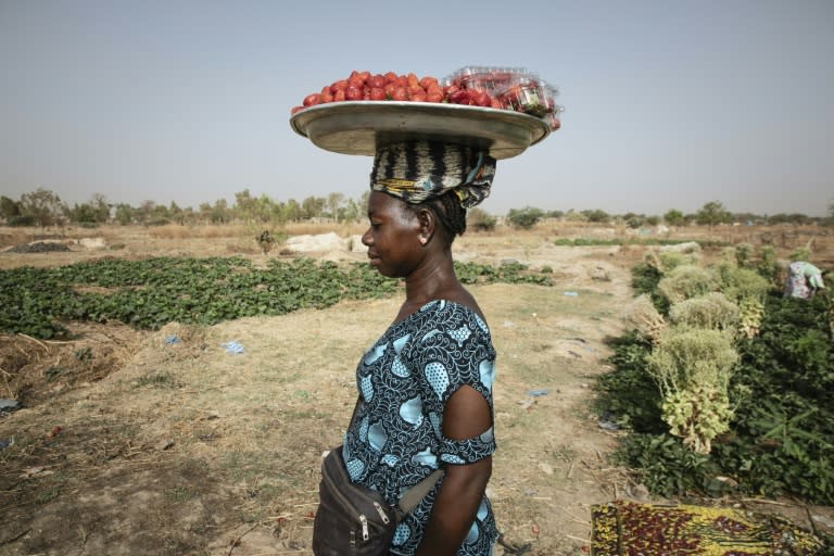 Una vendedora lleva una bandeja de fresas en la cabeza, el 28 de marzo de 2024 en Uagadugú, la capital de Burkina Faso (Fanny Noaro-Kabré)