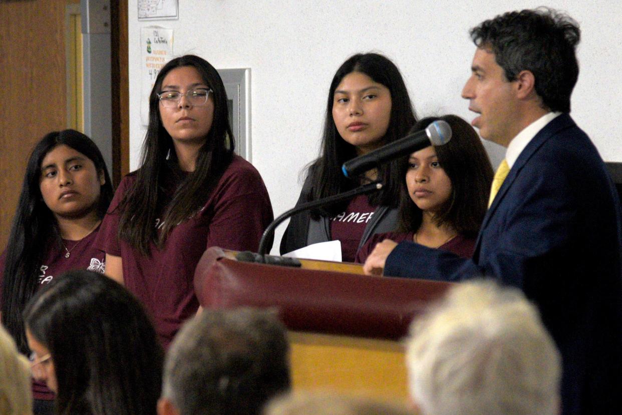 From left: Selena Martinez-Santiago, Madelyn Sanchez-Berra, Bethzy Vera Varela and Edith Lozano Zane with attorney Jonathan Cohen. Each of the “Dream 4” spoke to the Red Bank Regional High School Board of Education on Monday, September 11, 2023 at Red Bank Regional High School in Little Silver, New Jersey. 