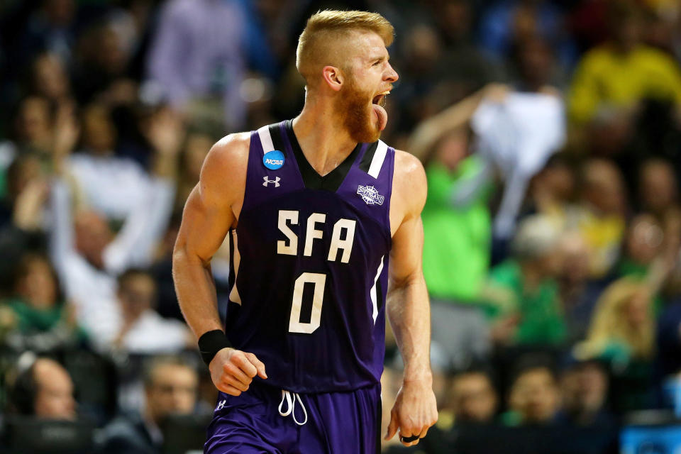 <p>Then: The bearded Lumberjack chopped down third-seeded West Virginia in the first round of the 2016 tournament, scoring 33 points – and going 19-of-20 from the free-throw line – in the 70-56 win. SFA would lose a nail-biter to Notre Dame in its second-round game despite getting 21 points, five rebounds and five assists from Walkup.<br>Now: Walkout was an All-Star for MHP Reisen Ludwigsburg in Germany’s top division in 2017-18 and is currently playing for Zalgiris Kaunas of the Lithuanian Basketball League. He no longer rocks the bushy beard. </p>