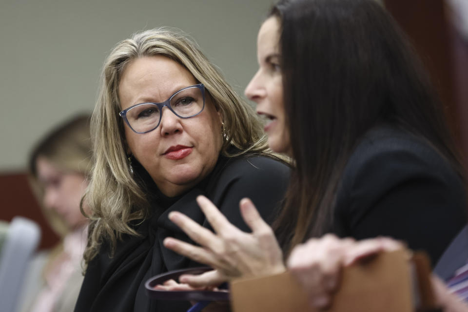 Maggie McLetchie, attorney representing Clark County Republican Party Chairman Jesse Law, appears in court in Las Vegas Monday, March 4, 2024. A judge pushed back to January 2025 the trial date for six Republicans who submitted certificates to Congress falsely declaring Donald Trump the winner of Nevada’s 2020 presidential election. (Wade Vandervort/Las Vegas Sun via AP)