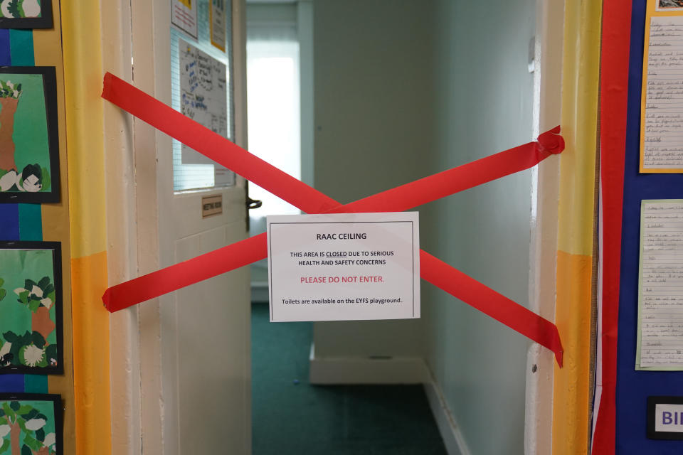 A taped off section inside Parks Primary School in Leicester which has been affected with sub standard reinforced autoclaved aerated concrete (Raac). More than 100 schools, nurseries and colleges in England have been told by the Government to close classrooms and other buildings that contain an aerated concrete that is prone to collapse. Picture date: Friday September 1, 2023. (Photo by Jacob King/PA Images via Getty Images)