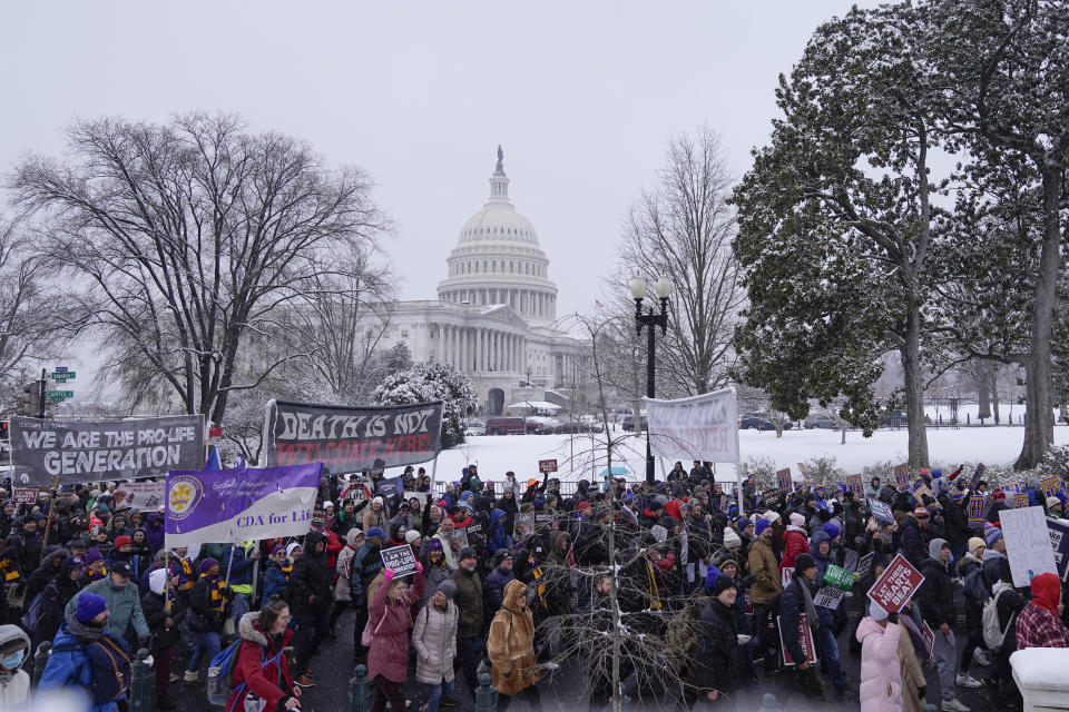 Anti-abortion activists march during the annual March for Life in front of the Supreme Court on Friday, Jan. 19, 2024, in Washington. (AP Photo/Mariam Zuhaib)